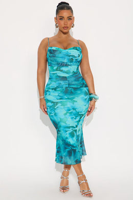 Prospering Love Floral Mesh Midi Dress - Turquoise