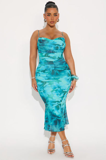 Prospering Love Floral Mesh Midi Dress - Turquoise