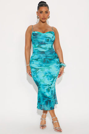 Prospering Love Floral Mesh Midi Dress - Turquoise