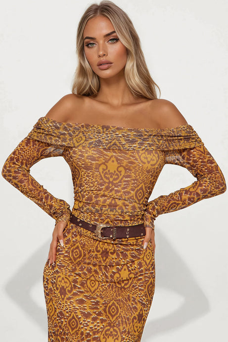 High Roller Long Sleeve Mesh Maxi Dress - Mustard/combo