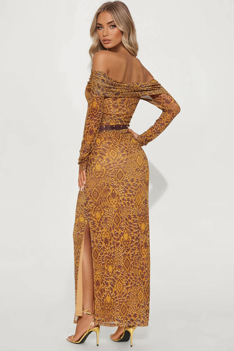 High Roller Long Sleeve Mesh Maxi Dress - Mustard/combo