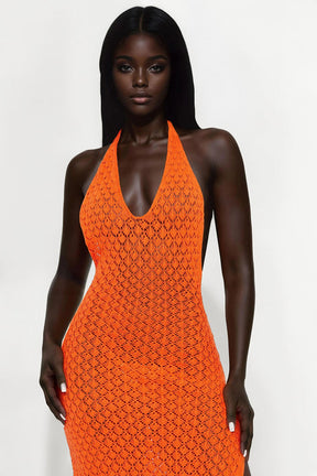 Seaside Escape Backless Crochet Maxi Dress - Orange