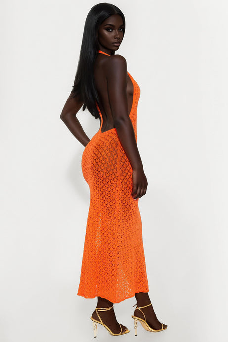 Seaside Escape Backless Crochet Maxi Dress - Orange
