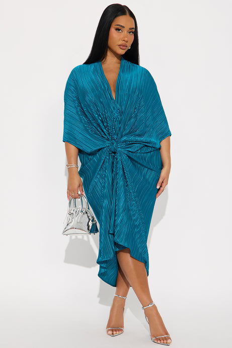 Isa Plisse Maxi Shirt Dress - Teal