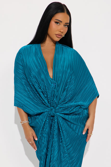 Isa Plisse Maxi Shirt Dress - Teal