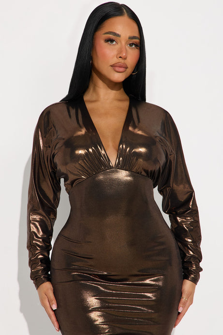 Conquer The Night Metallic Midi Dress - Bronze