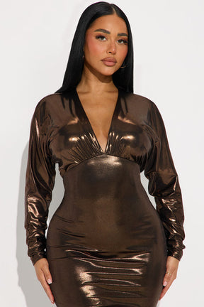Conquer The Night Metallic Midi Dress - Bronze
