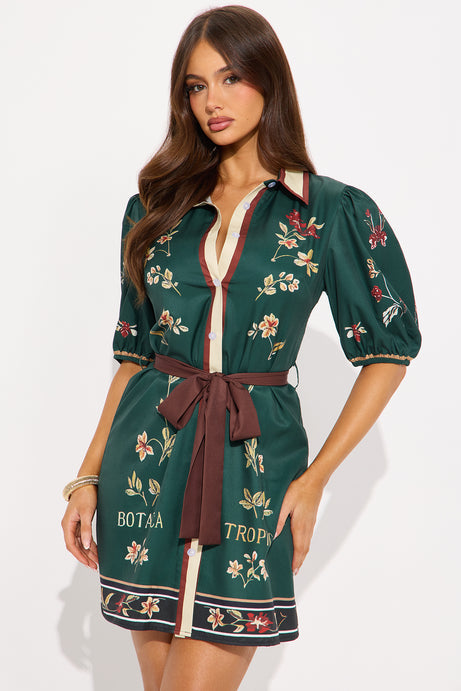 Botanica Puff Sleeve Mini Dress - Green/combo