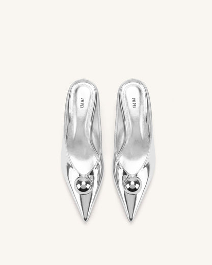 Helena Gold Sphere Pointed Toe Mules - Silver