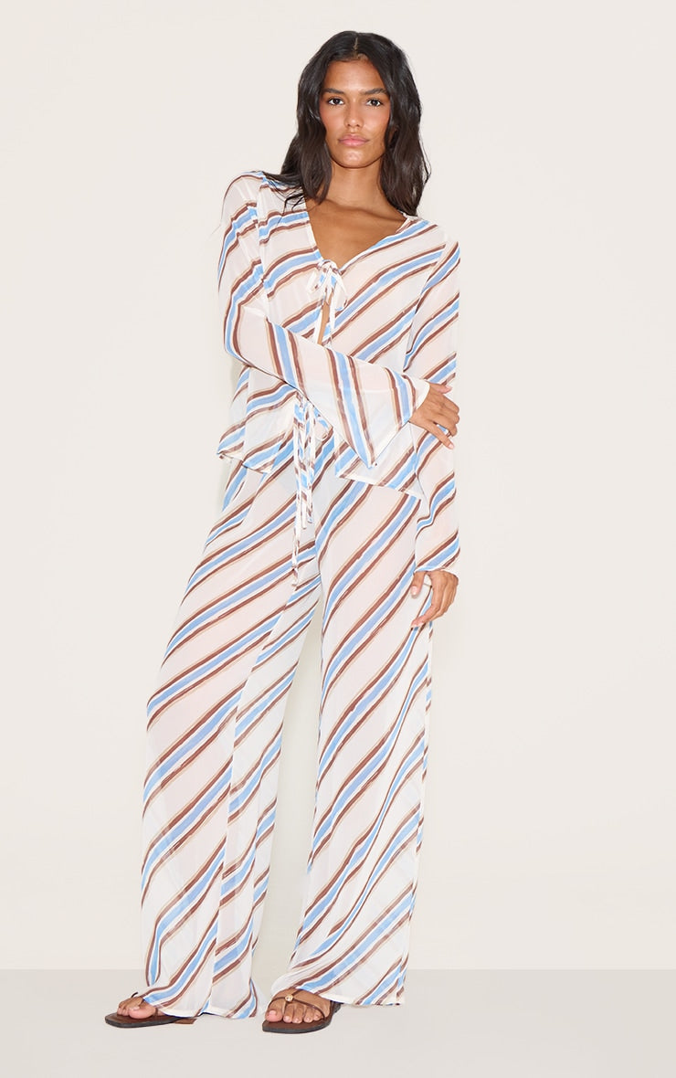 Blue Stripe Drawstring Floaty Trousers