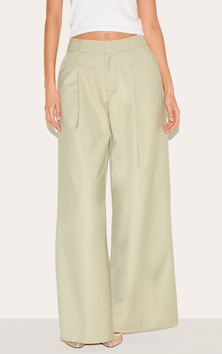 Sage Woven Double Pleat Wide Leg Trousers