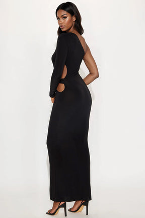 Dahlia Cut Out Hardware One Shoulder Maxi Dress - Black