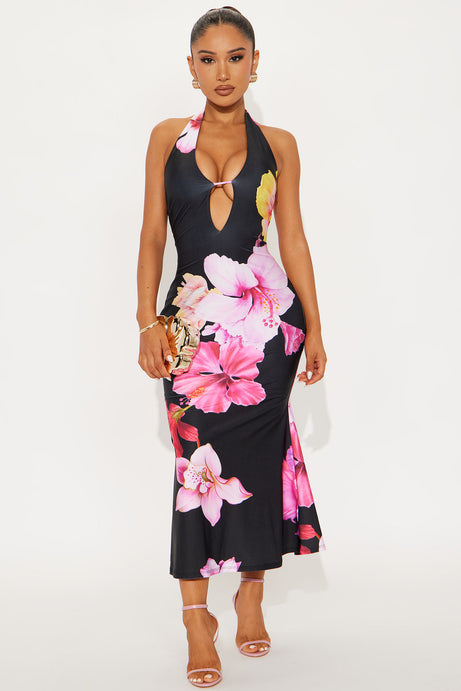 Leah Floral Halter Midi Dress - Pink/combo