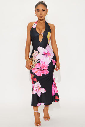 Leah Floral Halter Midi Dress - Pink/combo