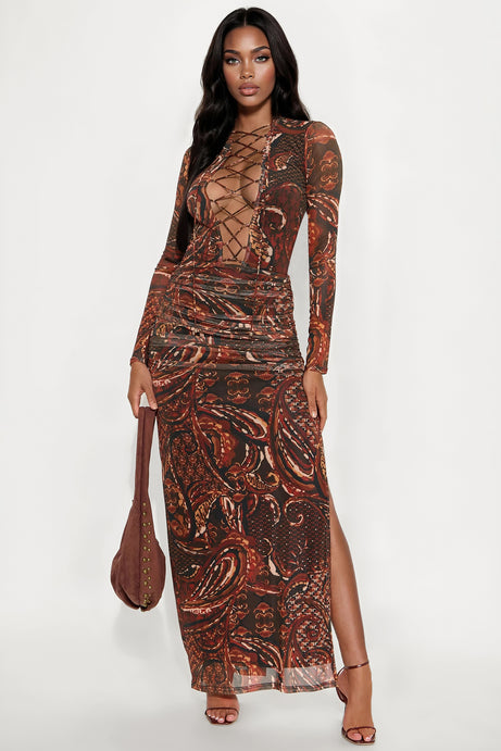 All For Me Lace Up Mesh Maxi Dress - Rust/combo