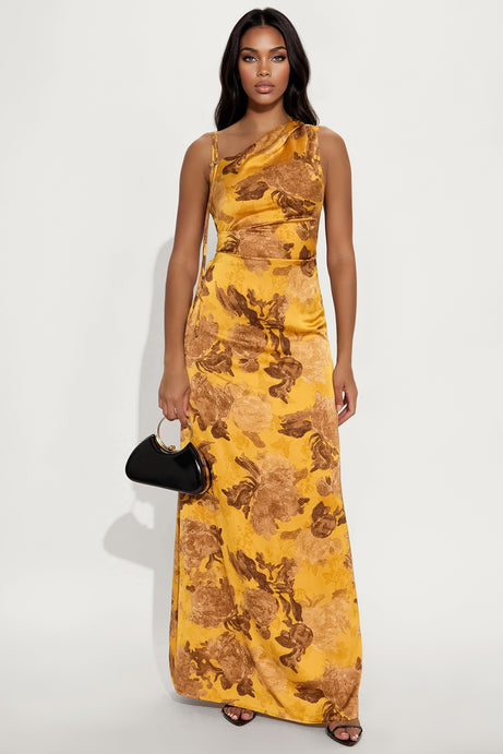 Delphina Satin Maxi Dress - Gold/Brown
