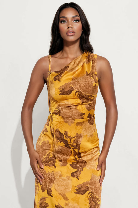 Delphina Satin Maxi Dress - Gold/Brown