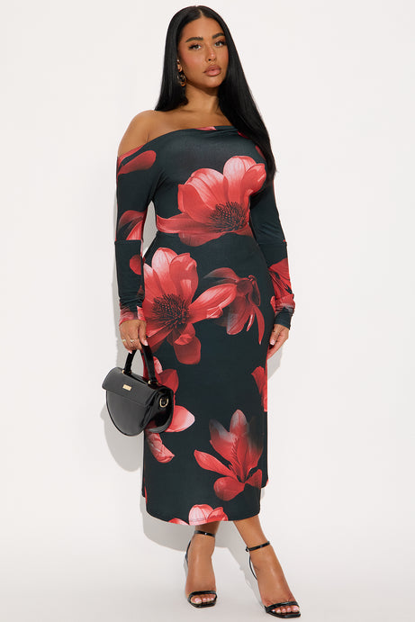 Brea Long Sleeve Floral Midi Dress - Black/Red