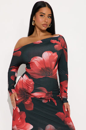 Brea Long Sleeve Floral Midi Dress - Black/Red