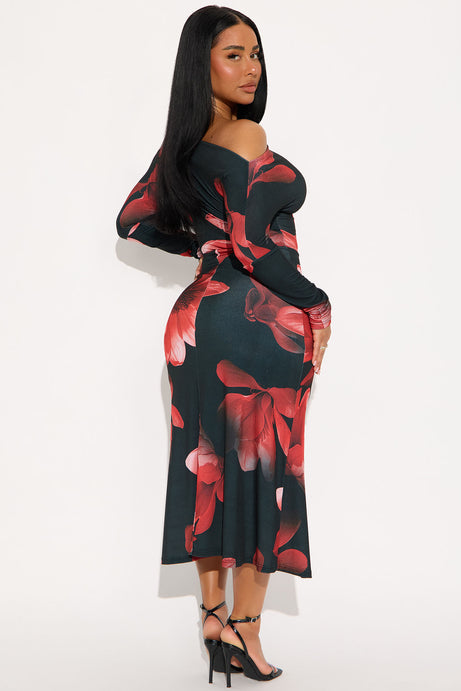 Brea Long Sleeve Floral Midi Dress - Black/Red