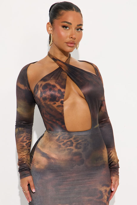 Cierra Criss Cross Cut Out Midi Dress - Brown/combo