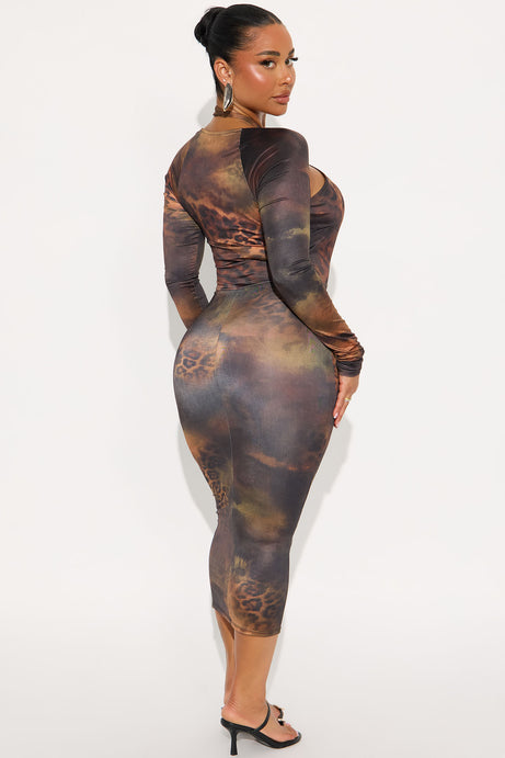 Cierra Criss Cross Cut Out Midi Dress - Brown/combo