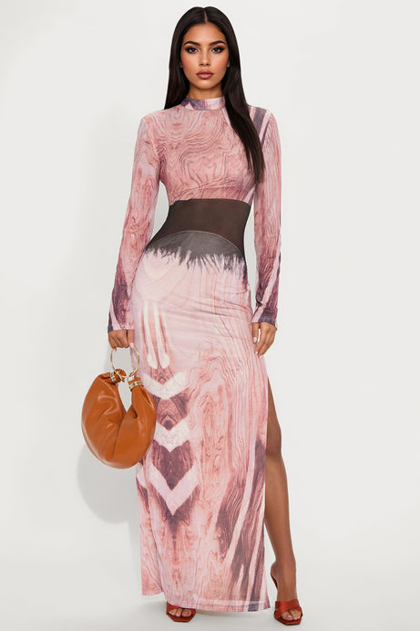 Wild Side Mock Neck Maxi Dress - Pink/combo
