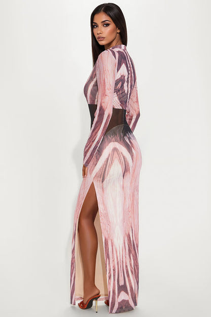 Wild Side Mock Neck Maxi Dress - Pink/combo