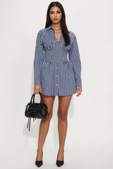 Carly Collar Pinstripe Shirt Mini Dress - Navy