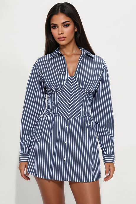 Carly Collar Pinstripe Shirt Mini Dress - Navy