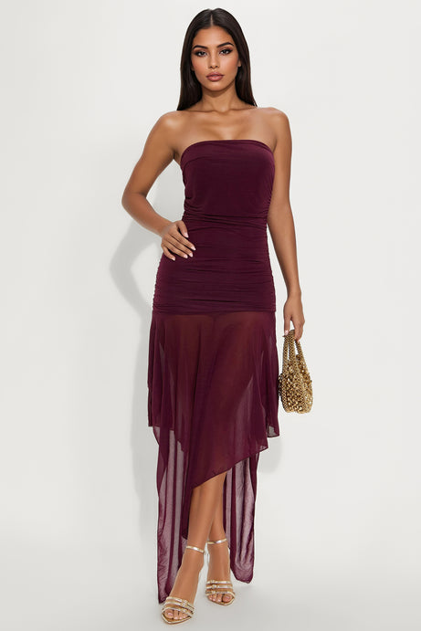 Pomeline Ruffle Midi Dress - Burgundy
