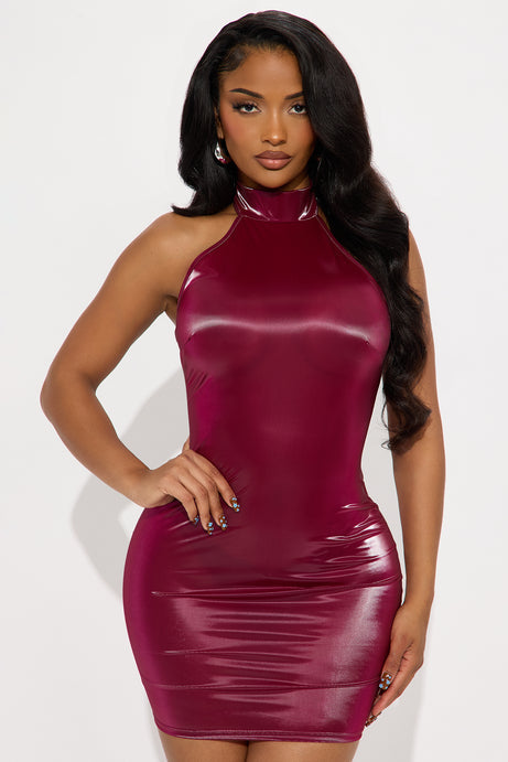 Unmatched Energy Latex Mini Dress - Burgundy