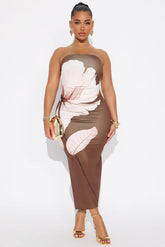 Josie Strapless Floral Midi Dress - Brown/combo