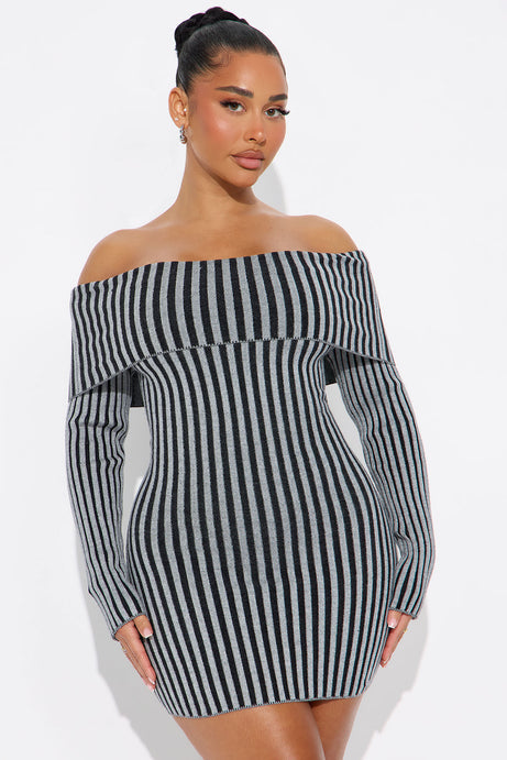 Simone Striped Sweater Mini Dress - Black/Grey