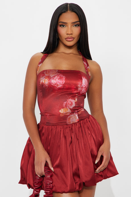 Thalia Floral Satin Mini Dress - Burgundy