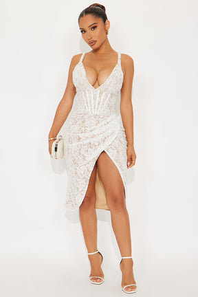 Darian Sequin Lace Midi Dress - White