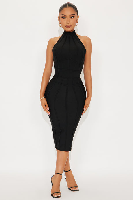 Imelda Bandage Mock Neck Midi Dress - Black