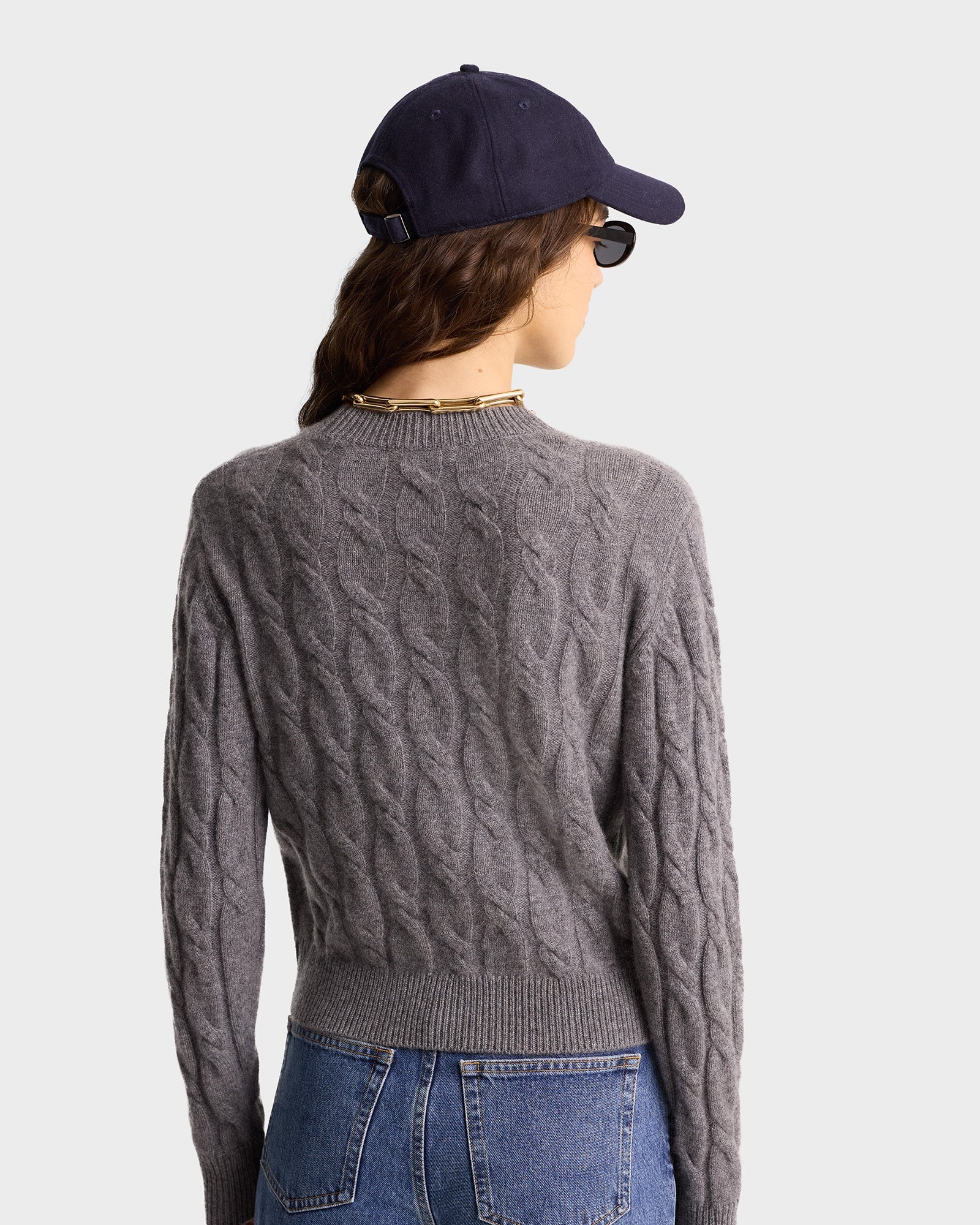 Faubourg Cableknit Wool Cashmere Crewneck - Heather Gray/White