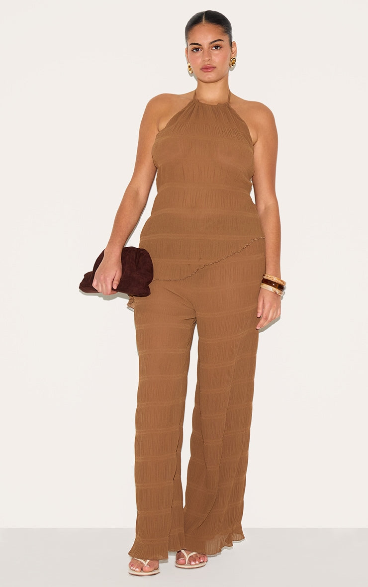 Plus Chocolate Textured Sheer Woven Mid Rise Straight Leg Trouser