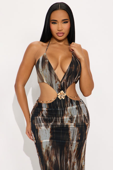 Christie Mesh Maxi Dress - Brown/combo