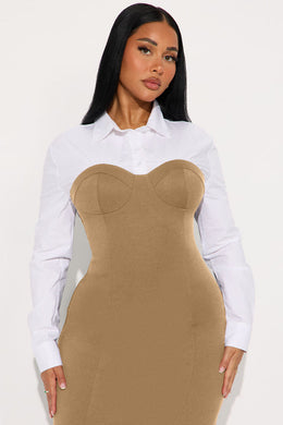 Julie Collar Long Sleeve Midi Dress - Khaki/combo