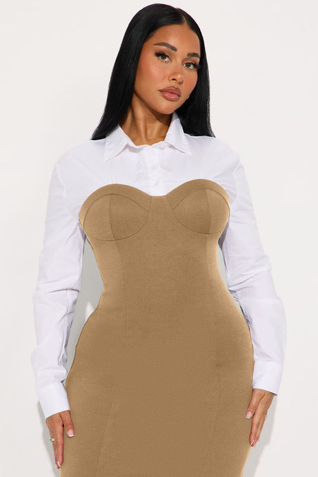 Julie Collar Long Sleeve Midi Dress - Khaki/combo