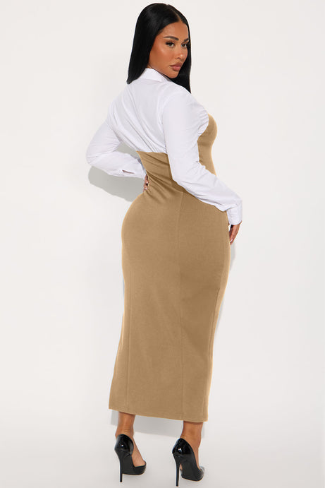 Julie Collar Long Sleeve Midi Dress - Khaki/combo