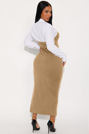 Julie Collar Long Sleeve Midi Dress - Khaki/combo