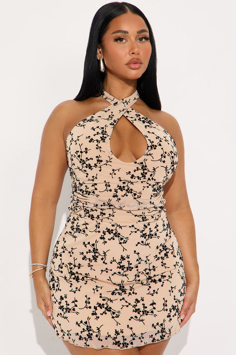 Soul Love Mesh Floral Mini Dress - Taupe/combo