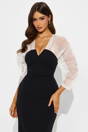Carin Organza Sleeve Midi Dress - Black/White