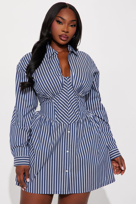 Carly Collar Pinstripe Shirt Mini Dress - Navy
