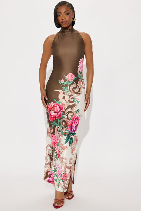 Caroline Mock Neck Maxi Dress - Brown/combo