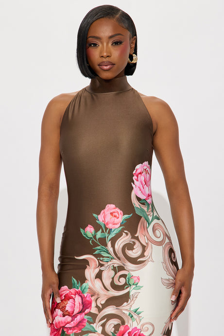 Caroline Mock Neck Maxi Dress - Brown/combo