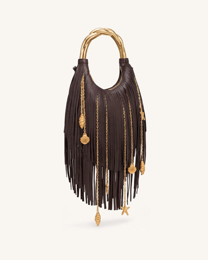Chloe Metal Handle Fringe Top Handbag - Dark Brown